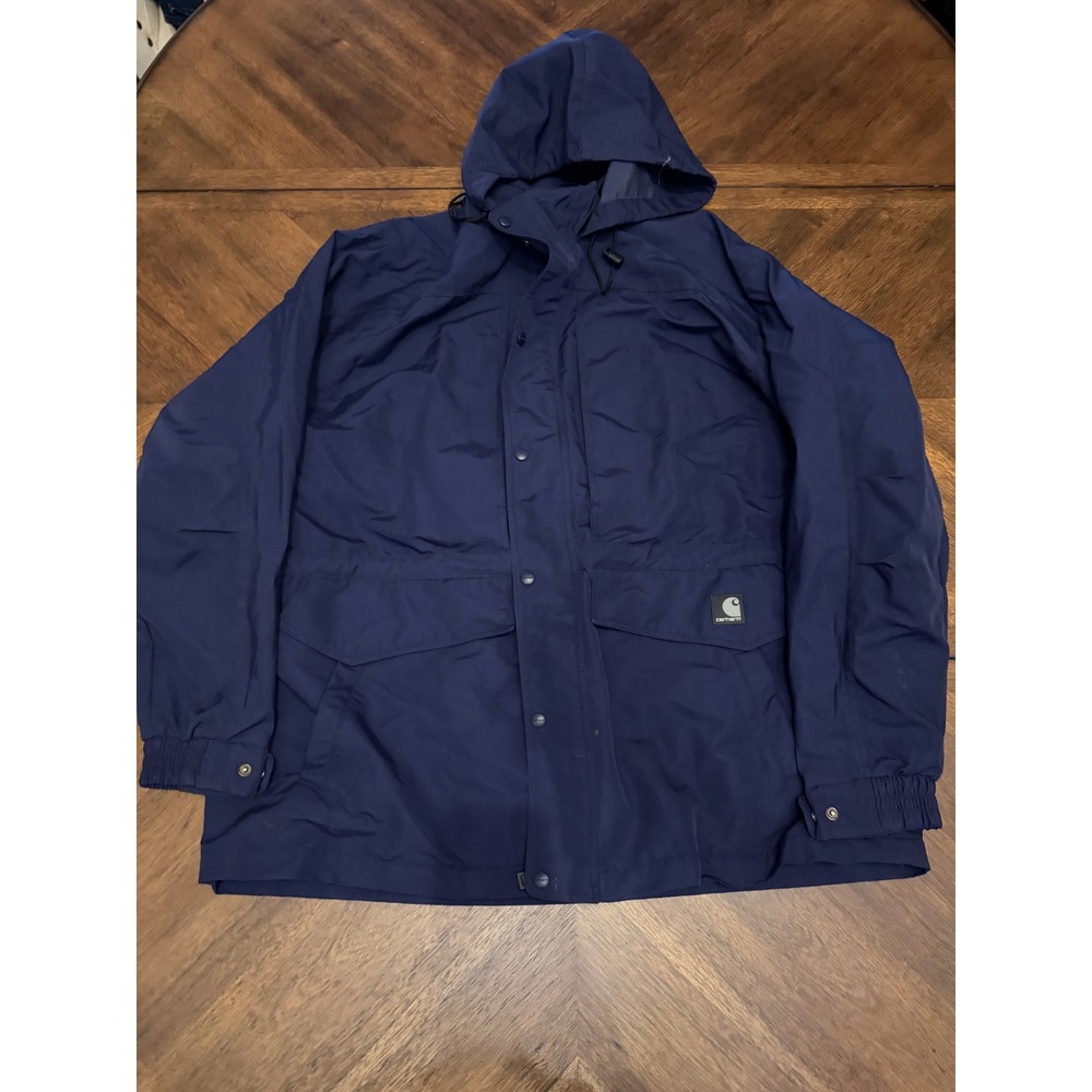 Carhartt C48 NVY Navy Blue Nylon Hooded Jacket Mens XL Mesh Lined Rain Coat